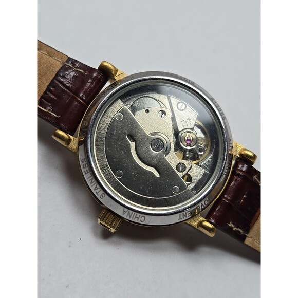Kessaris Automatic Gold Tone Roman Dial Date Leather 30 MM Exhibition Back Watch - Picture 14 of 14